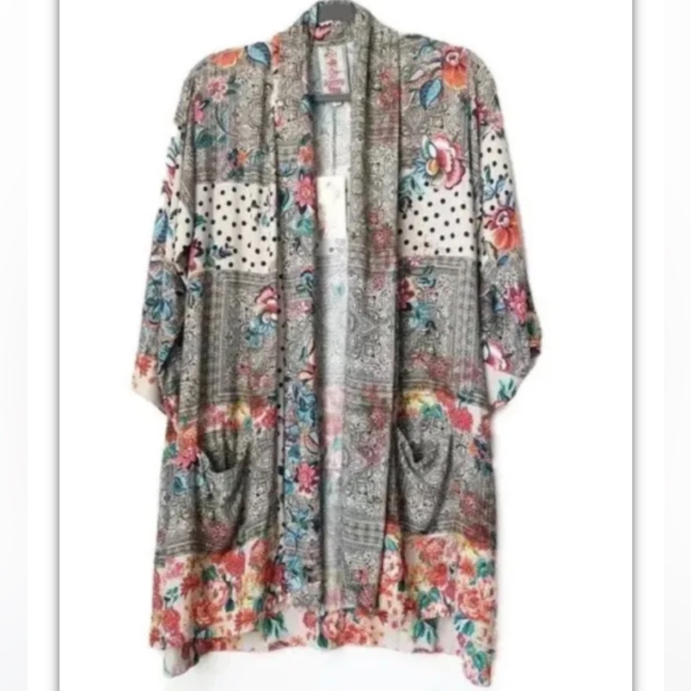 JOHNNY WAS Size XL Plus Ellamo Kimono Floral Polka Dot Boho Shawl Collar Pocket